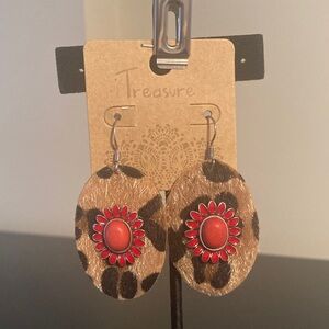 Leopard Print Earrings with Red Floral Accents